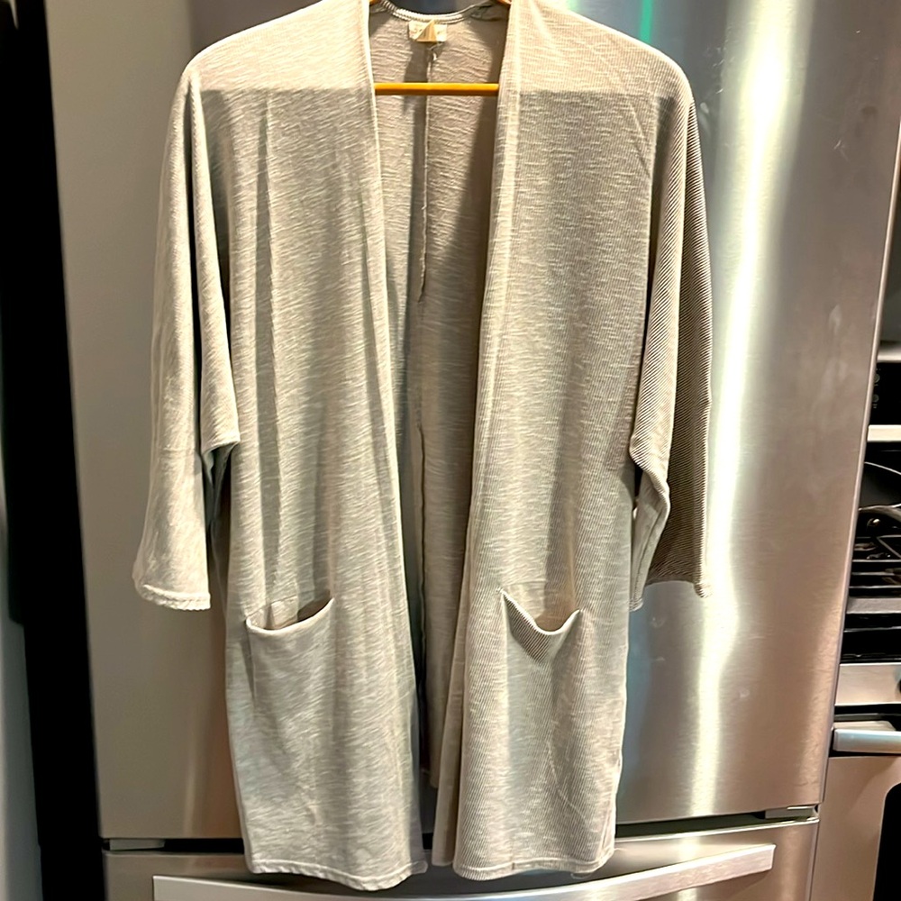 Donni neutral stripe open jacket Sandwash cardigan ribbed pockets Lagenlook Lg